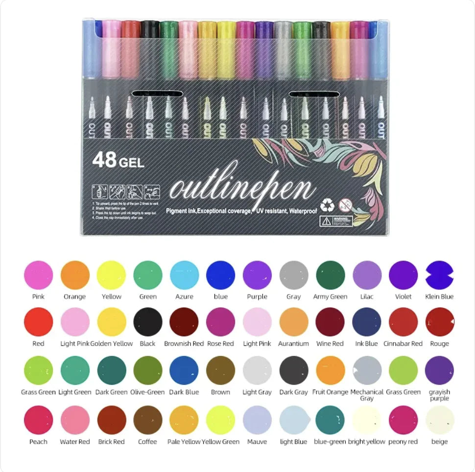 48-Color Double-Line Metallic & Fluorescent Pen Set