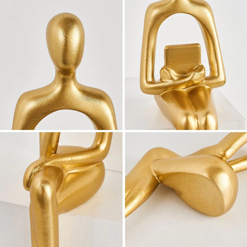 Four zoomed pictures in one, face, holding book, knee/leg and butt. Nordic style decorative art figurines. Gold colored-Epiceasyshop1